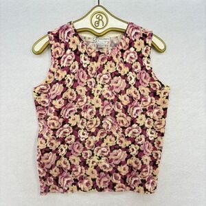 Vintage Y2K Floral Tank Top LARGE Sleeveless Pink Grannycore Knit Cottagecore
